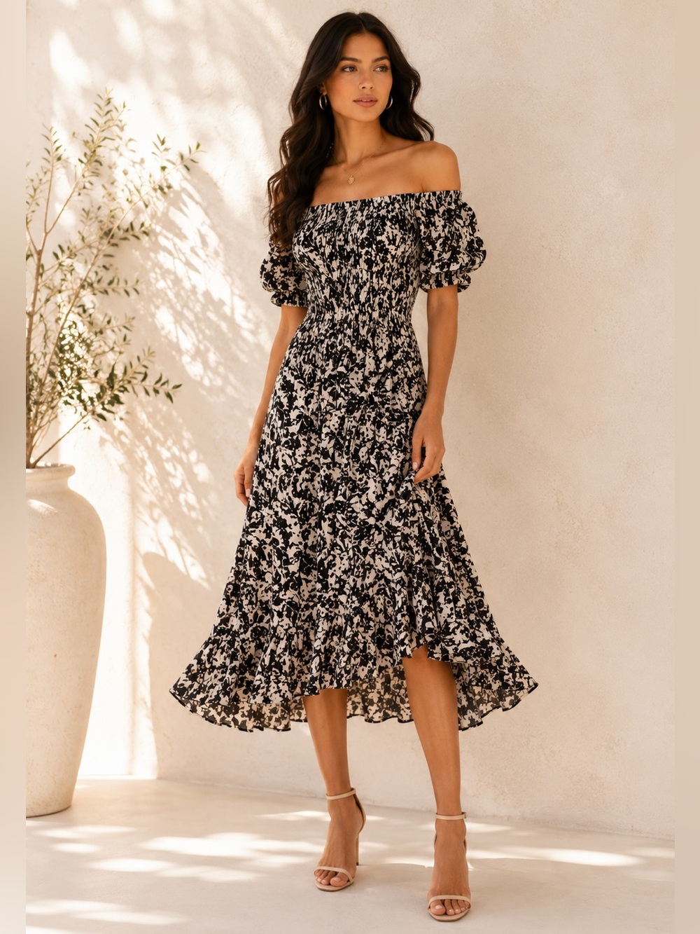 MISA Los Angeles Diya Floral Midi Dress XS Black Ivory Puff Sleeve